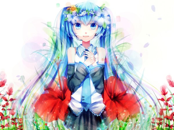 Anime picture 1500x1125 with vocaloid hatsune miku long hair blue eyes twintails bare shoulders blue hair hair flower girl hair ornament detached sleeves necktie headphones
