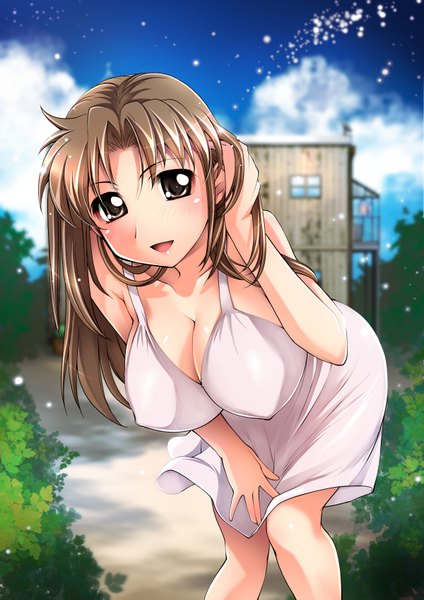 Anime picture 1200x1697 with original raymon (artist) long hair tall image breasts light erotic large breasts brown eyes cloud (clouds) orange hair girl plant (plants) sundress