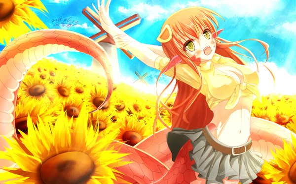 Anime picture 1500x937 with monster musume no iru nichijou miia (monster musume) dai jijie single long hair looking at viewer blush fringe breasts open mouth wide image tail pointy ears orange hair snake tail lamia girl skirt navel miniskirt