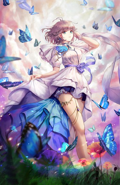 Anime picture 1341x2050 with original kone (zhsiddl010) single tall image looking at viewer fringe short hair breasts brown hair standing green eyes cloud (clouds) full body ahoge outdoors blunt bangs parted lips fingernails wind from below