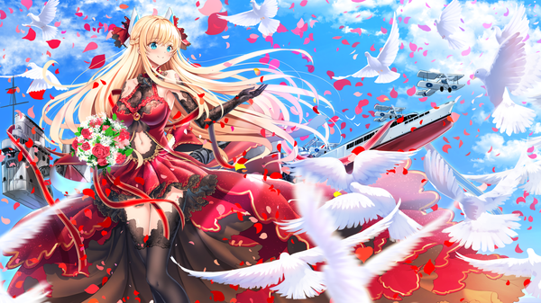 Anime picture 1920x1080 with azur lane glorious (azur lane) swordsouls single long hair blush fringe highres breasts blue eyes light erotic hair between eyes wide image large breasts standing bare shoulders holding looking away sky cloud (clouds)