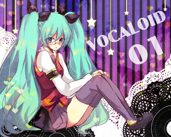 Anime picture 1280x1024 with vocaloid hatsune miku kokonoe miya single long hair looking at viewer blue eyes light erotic sitting twintails full body bent knee (knees) parted lips aqua hair copyright name hand on knee striped background bespectacled girl thighhighs