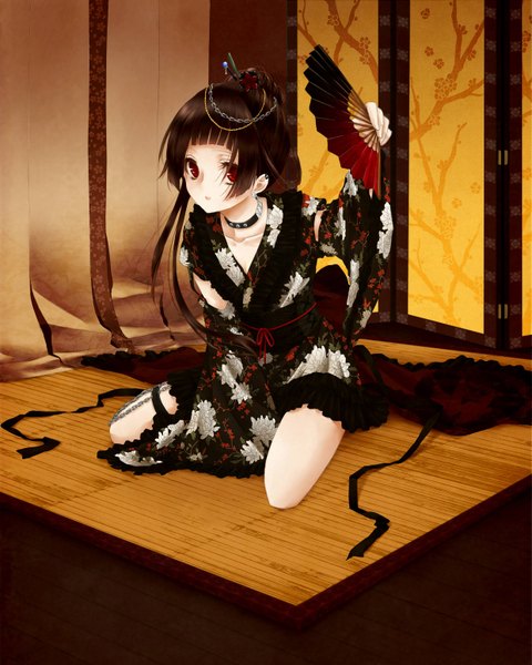 Anime picture 1240x1550 with original may (artist) single long hair tall image looking at viewer black hair red eyes traditional clothes japanese clothes girl hair ornament frills kimono obi fan