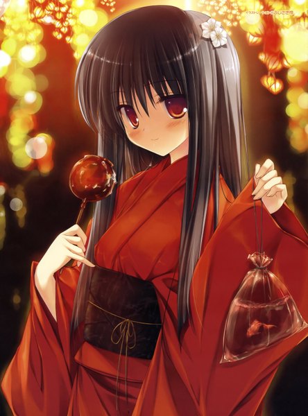 Anime picture 1110x1500 with fujisaki rei single long hair tall image blush black hair smile red eyes japanese clothes hair flower girl hair ornament food belt kimono fish (fishes) candy apple