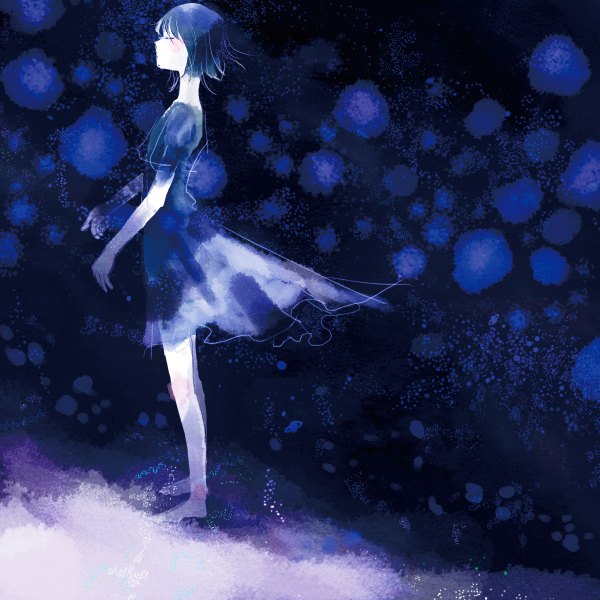 Anime picture 1200x1200 with original yoshida yoshitsugi single blush short hair blue hair sky eyes closed profile barefoot wind night night sky traditional media watercolor (medium) girl dress