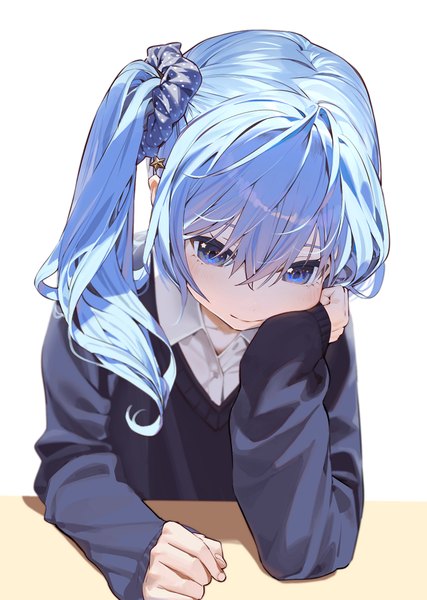 Anime picture 751x1056 with virtual youtuber hololive hoshimachi suisei kitada mo single long hair tall image fringe blue eyes simple background hair between eyes white background blue hair upper body side ponytail head rest girl scrunchie
