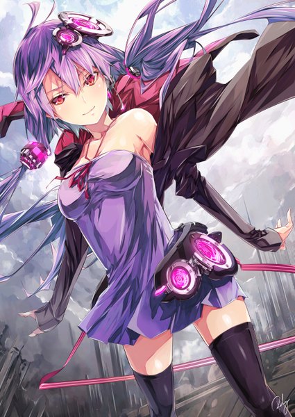 Anime picture 992x1400 with vocaloid yuzuki yukari re lucy single long hair tall image looking at viewer blush smile red eyes twintails bare shoulders signed cleavage wind low twintails girl thighhighs dress hair ornament