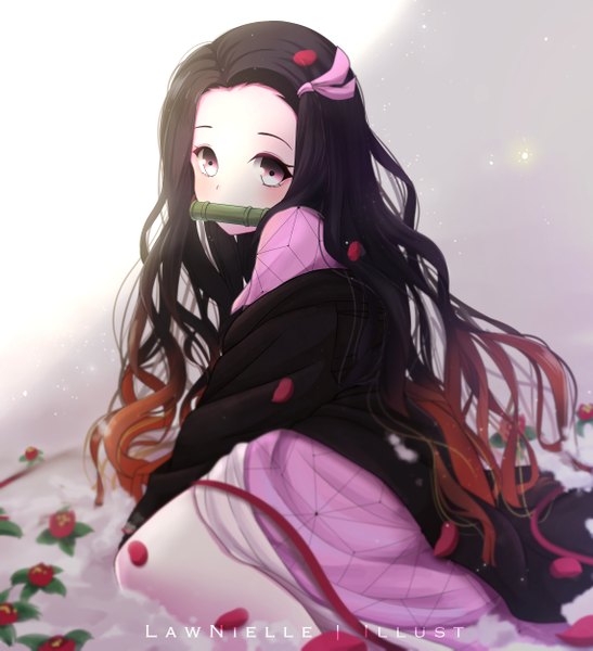 Anime picture 4560x5001 with kimetsu no yaiba ufotable kamado nezuko lawnielle single long hair tall image looking at viewer blush highres black hair holding signed absurdres traditional clothes japanese clothes pink eyes multicolored hair sunlight off shoulder