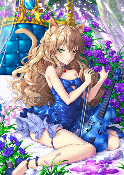 Anime picture 699x984 with original uchuu gorira single long hair tall image looking at viewer blush fringe breasts hair between eyes brown hair sitting green eyes animal ears cleavage tail animal tail multicolored hair cat ears two-tone hair