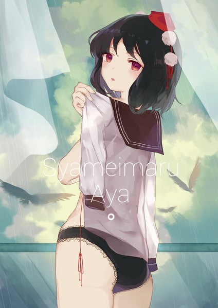 Anime picture 636x900 with touhou shameimaru aya hillly (maiwetea) single tall image blush short hair light erotic black hair red eyes looking away parted lips looking back :o character names rain girl uniform underwear panties