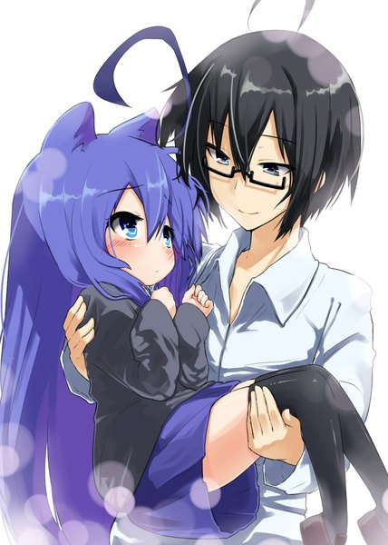 Anime picture 1250x1750 with acchi kocchi miniwa tsumiki otonashi io long hair tall image blush short hair blue eyes black hair simple background smile white background animal ears purple hair ahoge black eyes cat ears loli couple girl