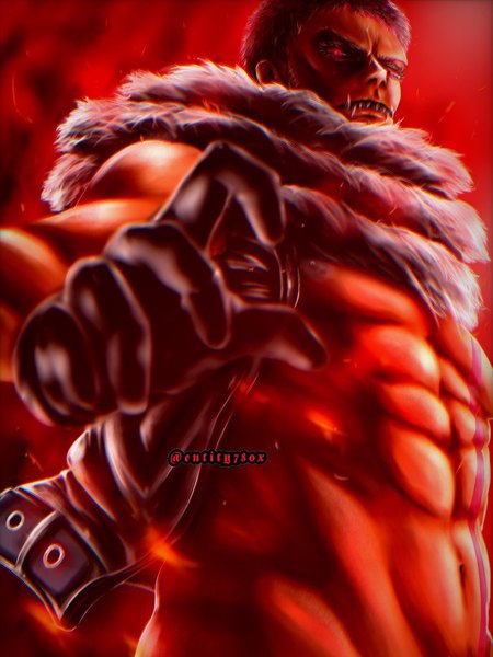 Anime picture 768x1024 with one piece toei animation charlotte katakuri tsan3010228 single tall image looking at viewer short hair black hair red eyes standing signed open jacket teeth from below fang (fangs) fur trim twitter username glowing looking down