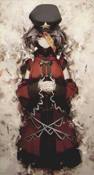 Anime picture 1200x2217 with touhou miyako yoshika no-kan single tall image looking at viewer short hair lying traditional clothes wide sleeves chinese clothes expressionless interlocked fingers girl dress flower (flowers) hat detached sleeves star (symbol) red dress