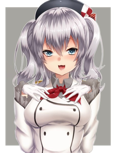 Anime picture 700x915 with kantai collection kashima training cruiser keita (tundereyuina) single long hair tall image blush fringe breasts open mouth blue eyes simple background hair between eyes twintails silver hair grey background looking up breast grab framed girl