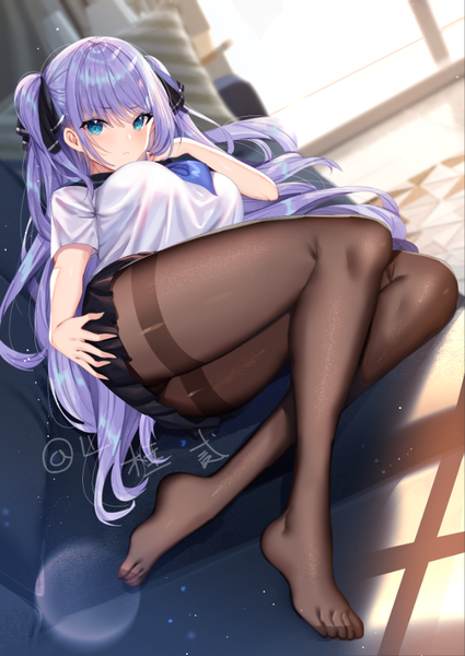 Anime picture 644x910 with original shanguier single long hair tall image looking at viewer blush fringe breasts blue eyes light erotic large breasts twintails signed payot purple hair full body bent knee (knees) indoors lying