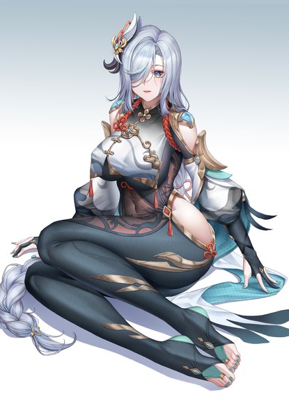 Anime picture 2985x4318 with genshin impact shenhe (genshin impact) yf (hbyg) single tall image looking at viewer fringe highres breasts open mouth blue eyes light erotic simple background smile large breasts sitting silver hair full body bent knee (knees) braid (braids)
