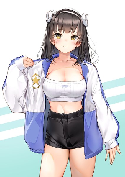 Anime picture 1414x2000 with girls frontline type 95 (girls frontline) lee seok ho single long hair tall image looking at viewer blush fringe breasts light erotic black hair simple background large breasts standing yellow eyes cleavage blunt bangs open jacket midriff