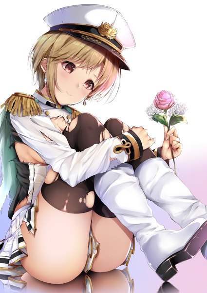 Anime picture 850x1200 with idolmaster idolmaster cinderella girls aiba yumi fay (fay axl) single tall image blush fringe short hair light erotic simple background blonde hair smile sitting holding brown eyes payot looking away bent knee (knees) long sleeves