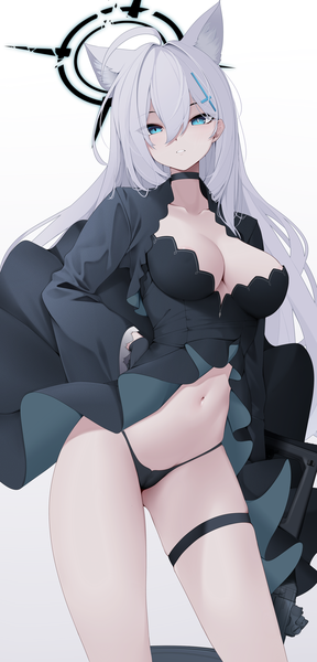 Anime picture 2400x5000 with blue archive shiroko (blue archive) shiroko terror (blue archive) z.taiga single long hair tall image looking at viewer fringe highres breasts blue eyes light erotic simple background large breasts standing white background holding animal ears cleavage