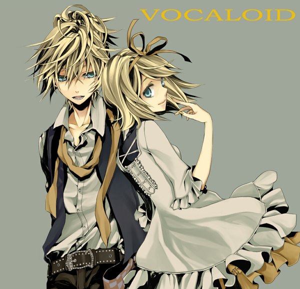 Anime picture 1050x1013 with vocaloid kagamine rin kagamine len macco (artist) short hair open mouth blue eyes blonde hair simple background smile hair between eyes aqua eyes light smile grey background open clothes open shirt copyright name couple frilled dress twins
