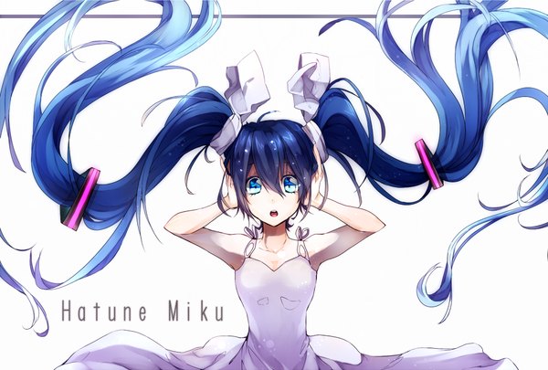 Anime picture 1053x711 with vocaloid hatsune miku aikawa sakuko single looking at viewer open mouth simple background white background twintails very long hair aqua eyes aqua hair girl hair ornament ribbon (ribbons) hair ribbon sundress