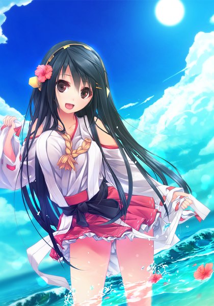Anime picture 700x1000 with kantai collection haruna battleship ichikawa noa single long hair tall image looking at viewer open mouth black hair brown eyes sky cloud (clouds) hair flower girl hair ornament flower (flowers) detached sleeves water sea sun