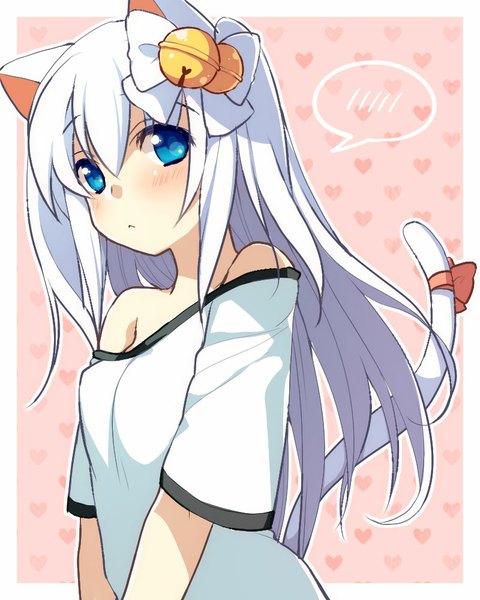 Anime picture 800x1000 with ai mai! moe can change! morimiya single long hair tall image looking at viewer blush fringe blue eyes bare shoulders animal ears upper body white hair tail animal tail cat ears cat girl cat tail border outside border
