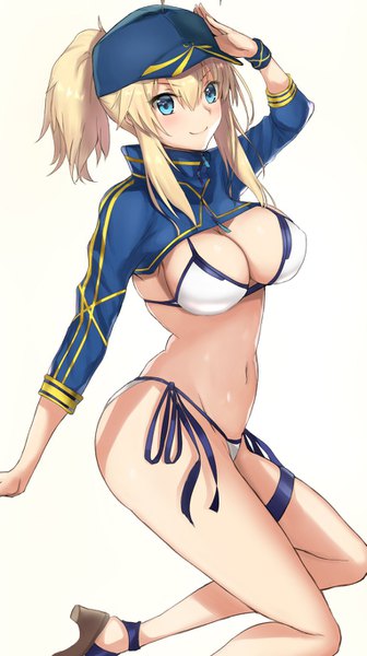 Anime picture 763x1360 with fate (series) fate/grand order artoria pendragon (all) mysterious heroine xx (foreigner) akatsuki ikki single long hair tall image looking at viewer blush fringe breasts blue eyes light erotic blonde hair simple background smile hair between eyes large breasts white background