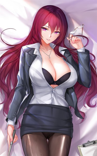 Anime picture 1200x1920 with fate (series) fate/grand order scathach (fate) (all) scathach skadi (fate) tsuki no i-min single long hair tall image looking at viewer blush fringe breasts light erotic smile hair between eyes large breasts purple eyes holding payot cleavage