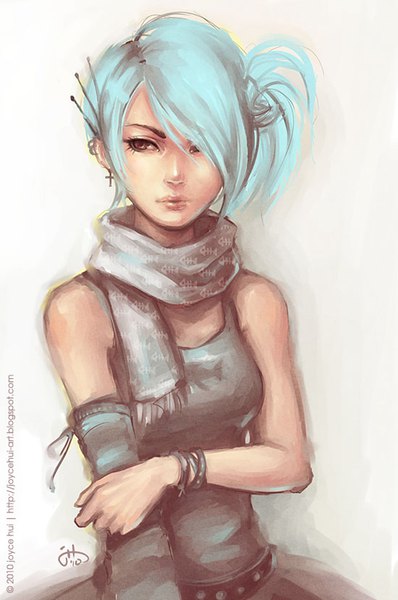 Anime picture 550x828 with original joyce hui single tall image fringe short hair simple background bare shoulders brown eyes looking away upper body lips hair over one eye realistic aqua hair piercing side ponytail watermark ear piercing girl