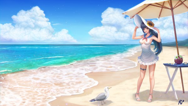 Anime picture 6112x3438 with tagme (copyright) w ruwaki single long hair looking at viewer highres breasts smile wide image standing signed blue hair absurdres sky cloud (clouds) full body outdoors ponytail parted lips bare legs