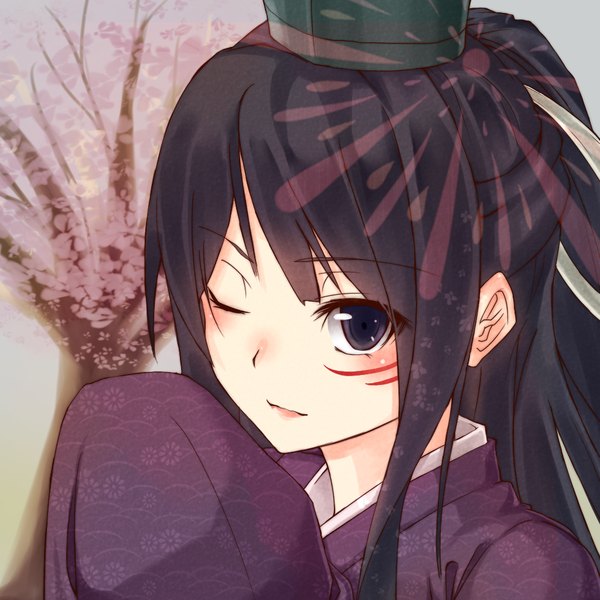 Anime picture 1024x1024 with original lip-mil single long hair blush blue eyes black hair smile traditional clothes japanese clothes one eye closed wink face girl flower (flowers) plant (plants) petals tree (trees) headdress yukata