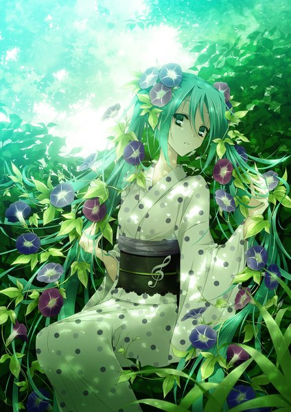 Anime picture 620x877 with vocaloid hatsune miku drugstore04 single tall image looking at viewer fringe sitting twintails bent knee (knees) very long hair traditional clothes parted lips japanese clothes hair flower aqua eyes light smile sunlight aqua hair polka dot
