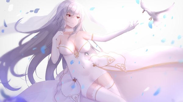 Anime picture 3000x1679 with azur lane saint-louis (azur lane) eternity (shadeh) single long hair fringe highres breasts light erotic simple background hair between eyes red eyes wide image large breasts white background silver hair light smile mole mole under eye outstretched arm