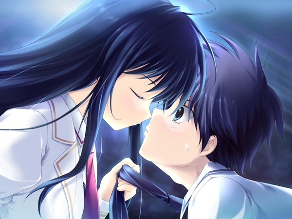 Anime picture 1600x1200 with kiss to maou to darjeeling kuyou sarasa aiba keiichi long hair short hair black hair game cg black eyes couple kiss girl boy serafuku