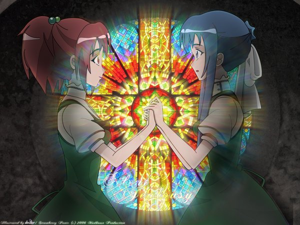 Anime picture 1600x1200 with strawberry panic madhouse aoi nagisa suzumi tamao highres blue hair ponytail red hair wallpaper holding hands shoujo ai stained glass