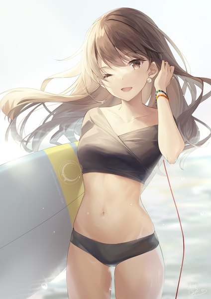 Anime picture 2121x3000 with original kagachi saku single long hair tall image looking at viewer blush highres open mouth brown hair standing holding brown eyes signed outdoors one eye closed adjusting hair ;d girl swimsuit