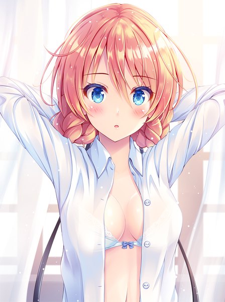Anime picture 1100x1473 with girls und panzer darjeeling (girls und panzer) akashio (loli ace) single tall image looking at viewer blush fringe short hair breasts open mouth blue eyes light erotic hair between eyes cleavage upper body braid (braids) long sleeves orange hair arms up