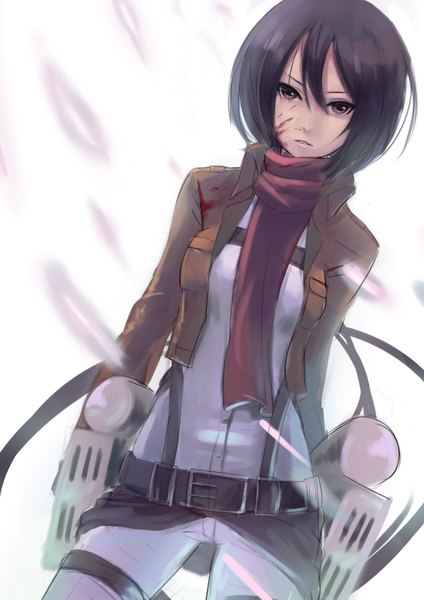 Anime picture 2480x3507 with shingeki no kyojin production i.g mikasa ackerman fuka (artist) single tall image looking at viewer highres short hair black hair simple background brown eyes open clothes open jacket girl jacket belt scarf thigh strap blood