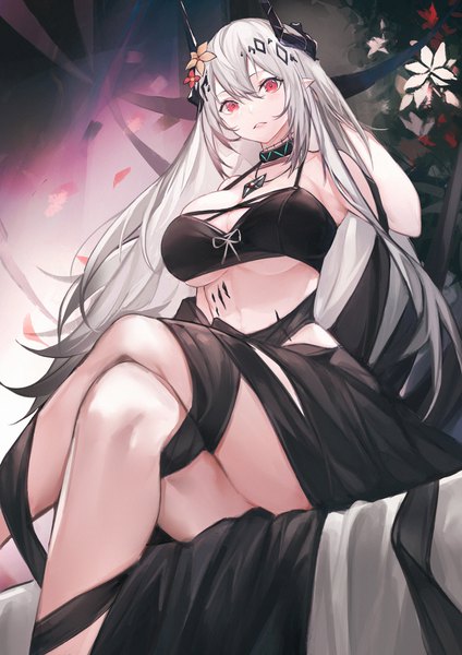 Anime picture 1800x2546 with arknights mudrock (arknights) mudrock (silent night) (arknights) fanshu single long hair tall image looking at viewer fringe highres breasts light erotic hair between eyes red eyes large breasts sitting silver hair horn (horns) pointy ears from below