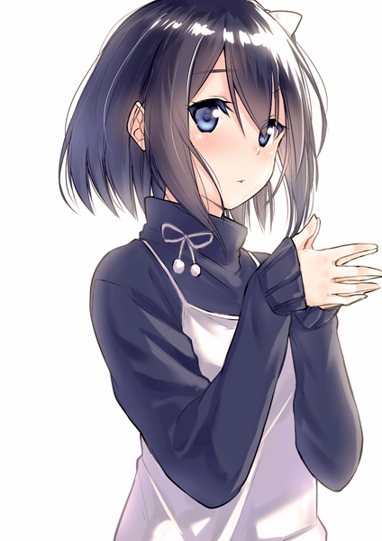 Anime picture 706x1000 with original suzunari shizuku yuki arare single tall image looking at viewer blush fringe short hair blue eyes black hair simple background hair between eyes white background upper body sleeves past wrists hands clasped girl sweater turtleneck