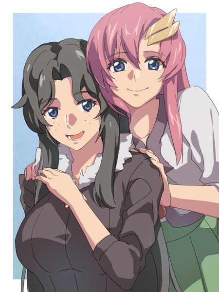Anime picture 1200x1600 with mobile suit gundam gundam seed destiny sunrise (studio) lacus clyne meer campbell chiharu (9654784) long hair tall image looking at viewer fringe open mouth blue eyes black hair simple background smile hair between eyes multiple girls pink hair :d border