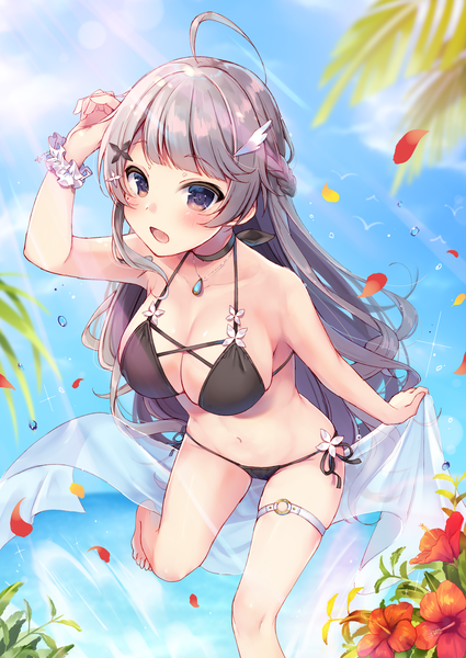 Anime picture 1500x2115 with original momoirone single long hair tall image looking at viewer blush fringe breasts open mouth light erotic standing purple eyes bare shoulders holding sky cleavage purple hair cloud (clouds) ahoge