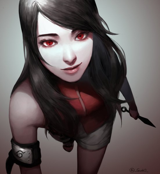 Anime picture 1379x1501 with naruto studio pierrot naruto (series) uchiha sarada gatko single long hair tall image looking at viewer black hair simple background red eyes signed light smile from above realistic grey background twitter username girl weapon