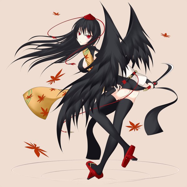 Anime picture 2000x2000 with touhou shameimaru aya gmot single long hair highres light erotic black hair simple background red eyes ass black wings girl thighhighs weapon black thighhighs sword wings katana leaf (leaves)