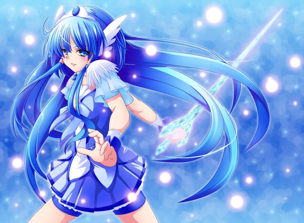 Anime picture 1688x1242 with precure smile precure! toei animation aoki reika cure beauty kuroinu (blackdog) single long hair blue eyes blue hair blue background girl dress weapon sword tiara