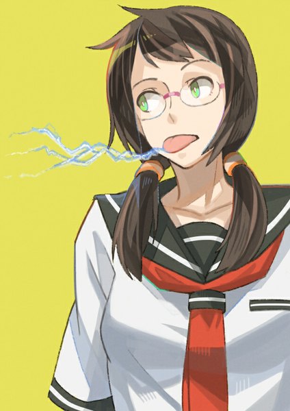Anime picture 579x819 with yozakura quartet isone kotoha rano single tall image open mouth simple background brown hair twintails green eyes looking away low twintails green background girl uniform glasses serafuku tongue scrunchie hair tie