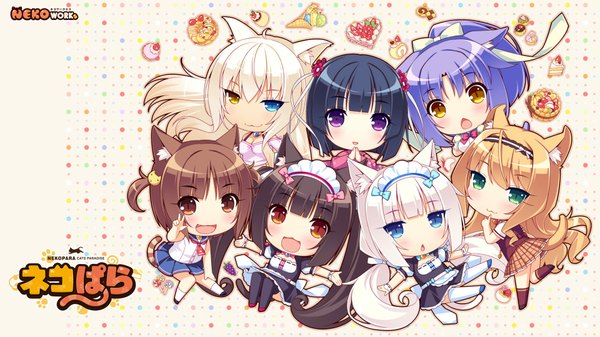 Anime picture 1920x1080 with neko paradise neko works (studio) vanilla (nekopara) chocola (nekopara) coconut (sayori) maple (sayori) cinnamon (sayori) azuki (sayori) minazuki shigure sayori long hair looking at viewer blush fringe highres short hair open mouth blue eyes black hair blonde hair