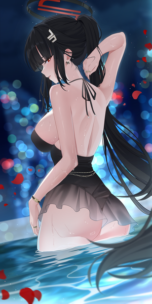 Anime-Bild 1500x3000 mit blue archive rio (blue archive) aqua74286 single long hair tall image looking at viewer fringe breasts light erotic black hair red eyes large breasts standing payot ass ponytail parted lips profile looking back