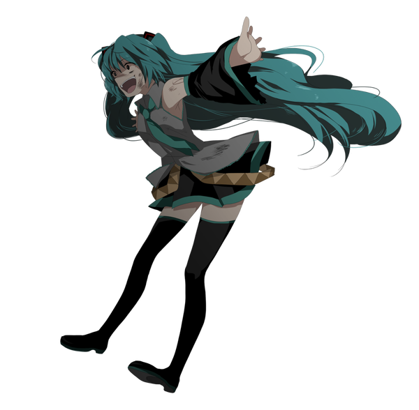 Anime picture 1224x1200 with vocaloid hatsune miku marirero a single long hair open mouth blue eyes twintails looking away aqua hair zettai ryouiki transparent background girl thighhighs skirt black thighhighs detached sleeves miniskirt